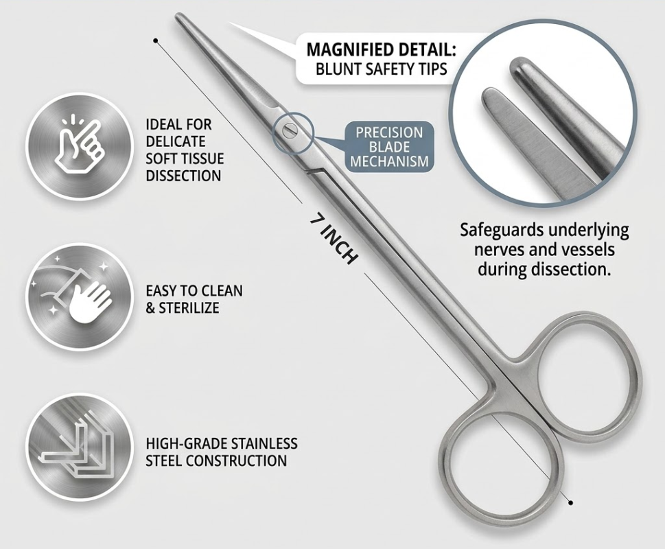 Blunt, rounded tips support controlled soft tissue dissection while reducing the risk of accidental puncture during delicate procedures.