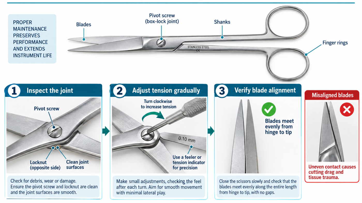 Proper joint adjustment helps maintain blade alignment, smooth movement, cutting precision, and reliable surgical instrument performance.